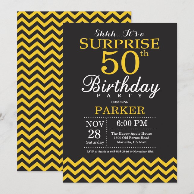 Surprise 50th Birthday Black and Yellow Chevron Invitation (Front/Back)