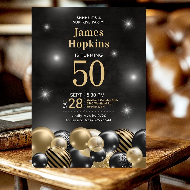 Surprise 50th Birthday Black Gold Balloons Party Invitation (Creator Uploaded)