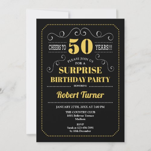 Surprise 50th Birthday _ Black Gold Invitation