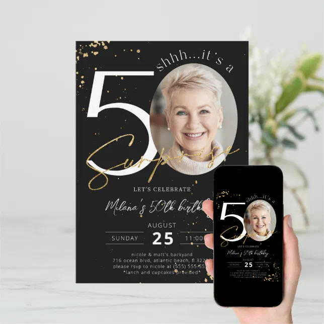 Surprise 50th Birthday Black Gold Photo Invitation | Zazzle