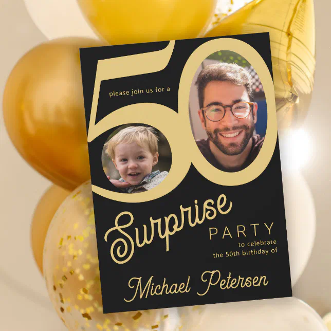 Surprise 50th birthday black gold photo invitation | Zazzle