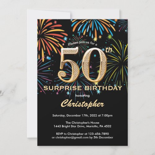 Surprise 50th Birthday Black Gold Rainbow Firework Invitation