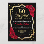 Surprise 50th Birthday - Black Gold Red Invitation<br><div class="desc">Surprise 50th Birthday Invitation.
Feminine black,  red design with faux glitter gold. Features red roses,  script font and confetti. Perfect for an elegant birthday party. Can be personalized to show any age. Message me if you need further customization.</div>