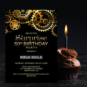 Surprise 50th Birthday Black Gold Steampunk Invitation