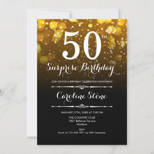 Surprise 50th Birthday _ Black Gold White Invitation