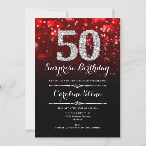 Surprise 50th Birthday _ Black Red Silver Invitation