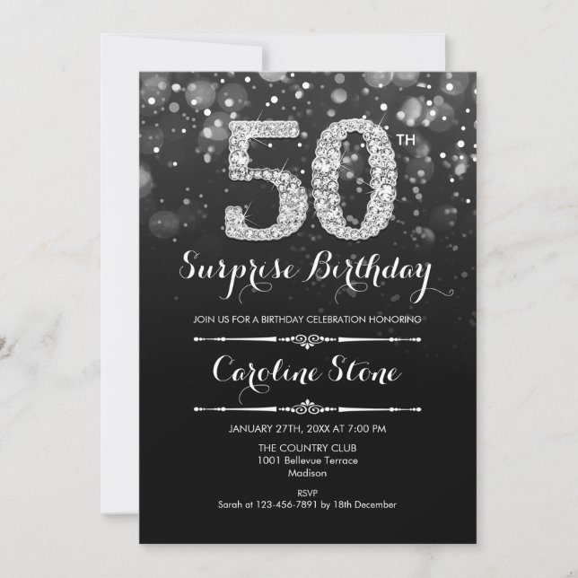 Surprise 50th Birthday - Black Silver Invitation (Front)