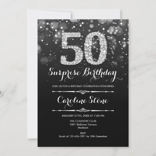 Surprise 50th Birthday _ Black Silver Invitation