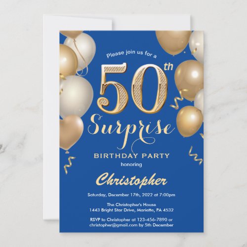 Surprise 50th Birthday Blue and Gold Balloons Invitation