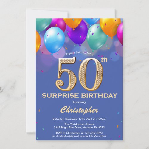 Surprise 50th Birthday Blue and Gold Balloons Invitation