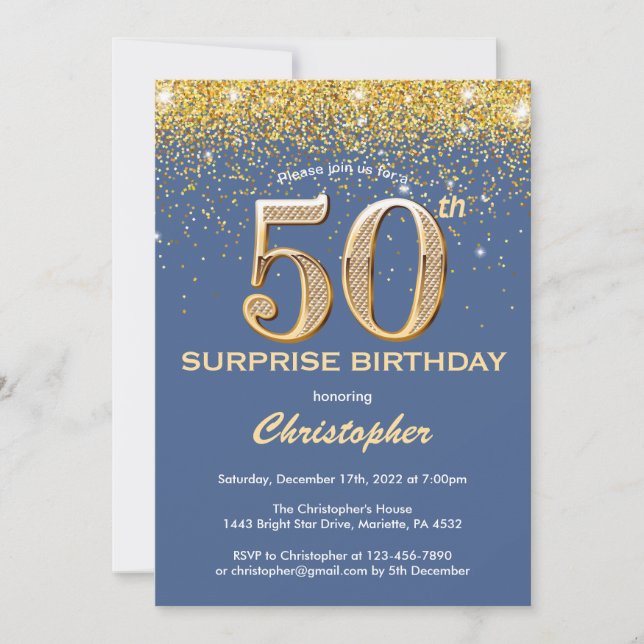 Surprise 50th Birthday Blue and Gold Glitter Invitation (Front)
