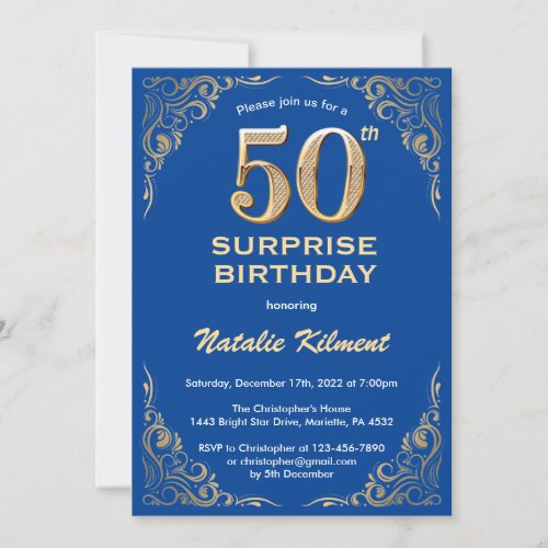 Surprise 50th Birthday Blue and Gold Glitter Invitation