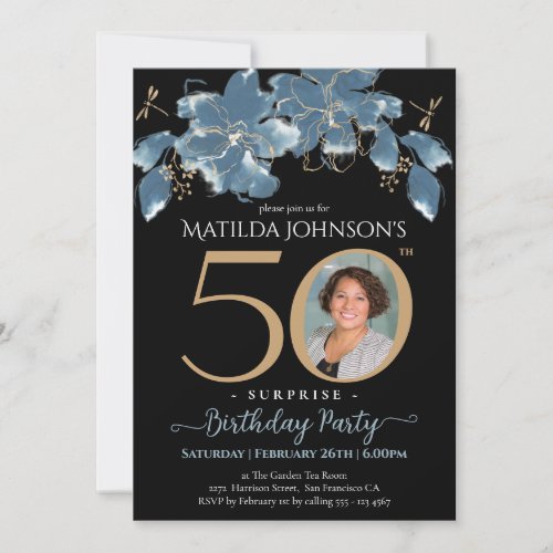 Surprise 50th Birthday Blue Floral Black Photo Invitation