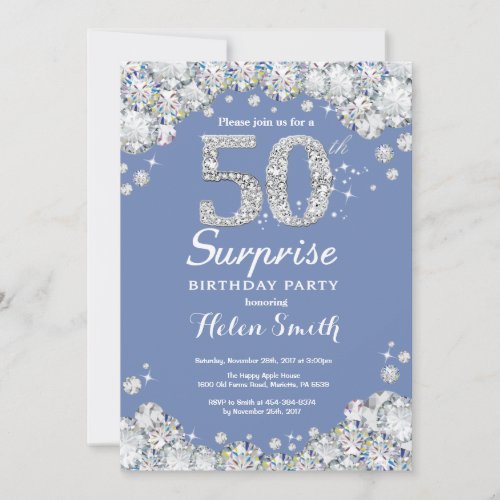 Surprise 50th Birthday Blue Silver Diamond Invitation