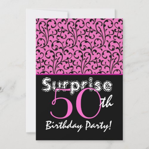 SURPRISE 50th Birthday Bright Pink Black Swirls Announcement