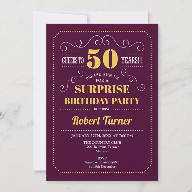 Surprise 50th Birthday - Burgundy Gold Invitation (Front)