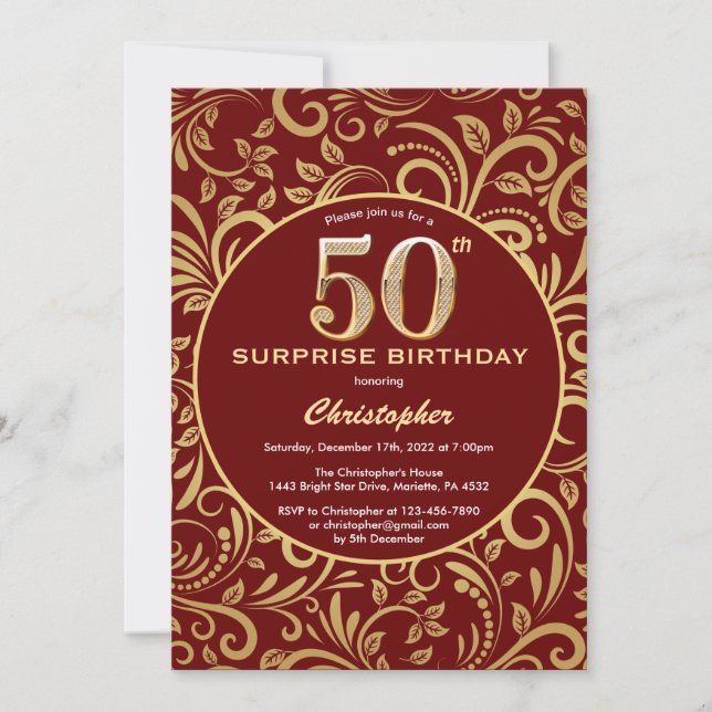 Surprise 50th Birthday Burgundy Red & Gold Floral Invitation (Front)