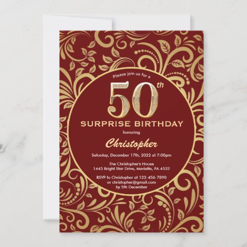Surprise 50th Birthday Burgundy Red  Gold Floral Invitation