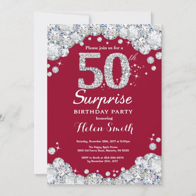 Surprise 50th Birthday Burgundy Red Silver Diamond Invitation (Front)