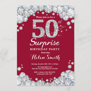 Surprise 50th Birthday Burgundy Red Silver Diamond Invitation