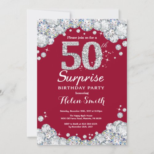 Surprise 50th Birthday Burgundy Red Silver Diamond Invitation