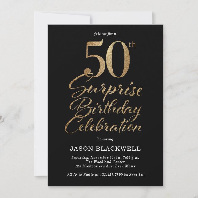 Surprise 50th Birthday Celebration Black & Gold Invitation (Front)