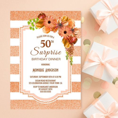 Surprise 50th Birthday Dinner Apricot Floral Party Invitation