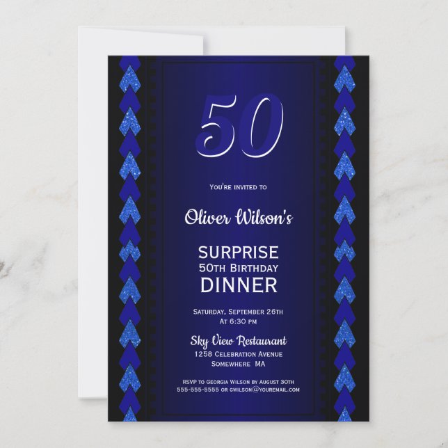 Surprise 50th Birthday Dinner Black and Blue Party Invitation (Front)