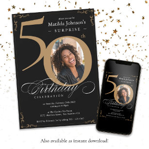 Surprise 50th Birthday Elegant Black Gold Photo Invitation