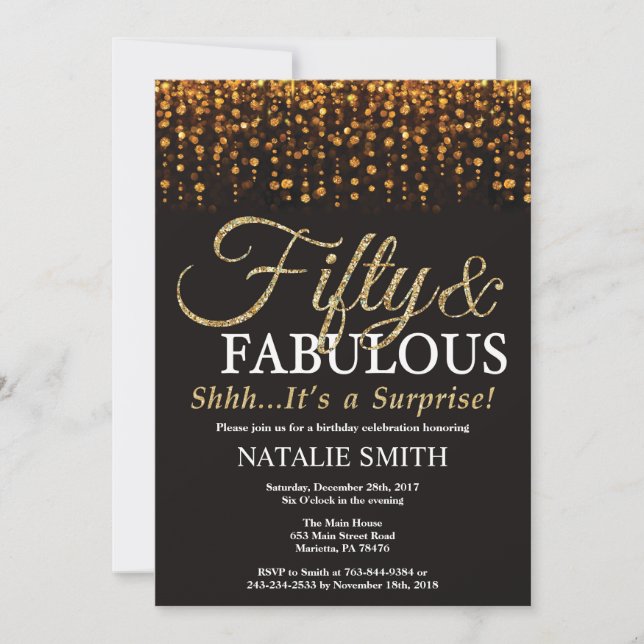 Surprise 50th Birthday Fifty and Fabulous Gold Invitation (Front)