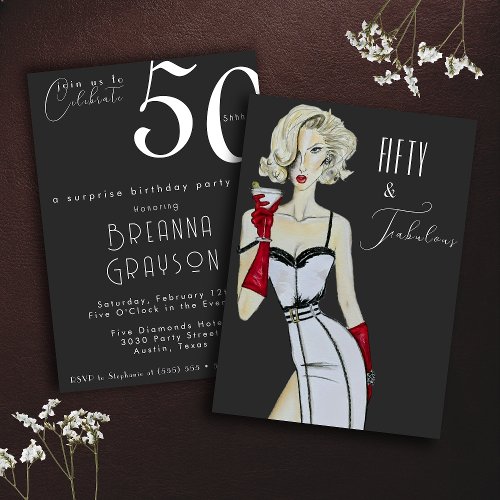 Surprise 50th Birthday Fifty and Fabulous Pin Up Invitation