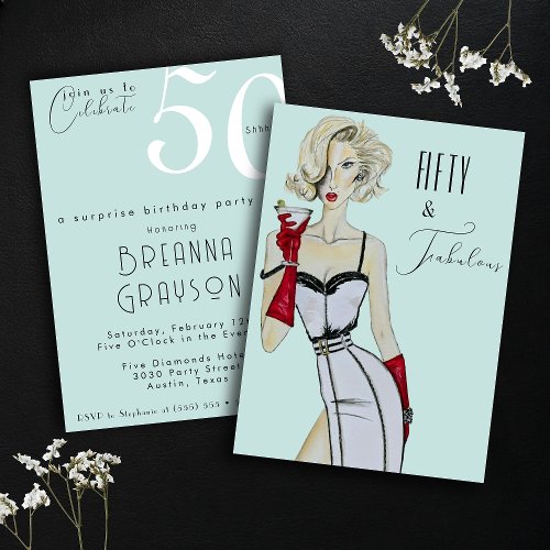 Surprise 50th Birthday Fifty and Fabulous Pin Up Invitation