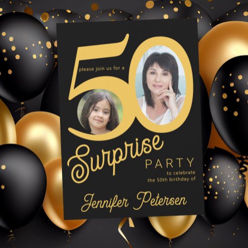 Surprise 50th birthday gold black photo invitation