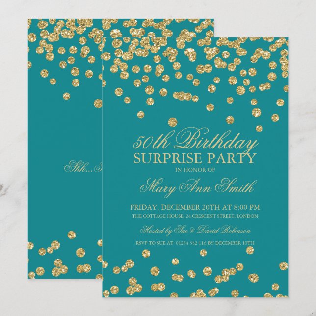 Surprise 50th Birthday Gold Glitter Confetti Teal Invitation (Front/Back)