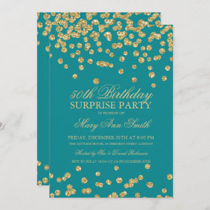 Surprise 50th Birthday Gold Glitter Confetti Teal Invitation
