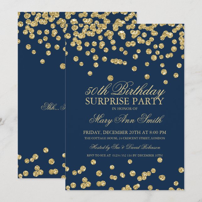 Surprise 50th Birthday Gold Glitter Navy Blue Invitation (Front/Back)