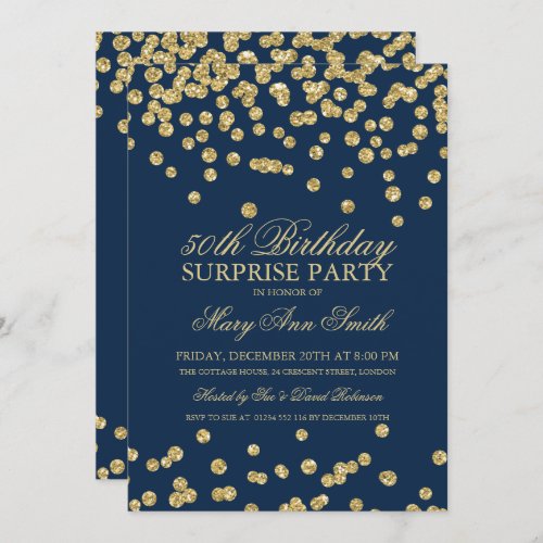 Surprise 50th Birthday Gold Glitter Navy Blue Invitation