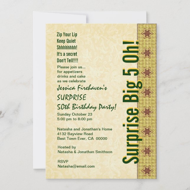 SURPRISE 50th Birthday Gold Green Stars B382 Invitation (Front)