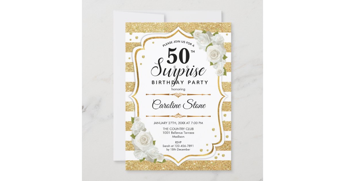 Surprise 50th Birthday - Gold White Invitation | Zazzle