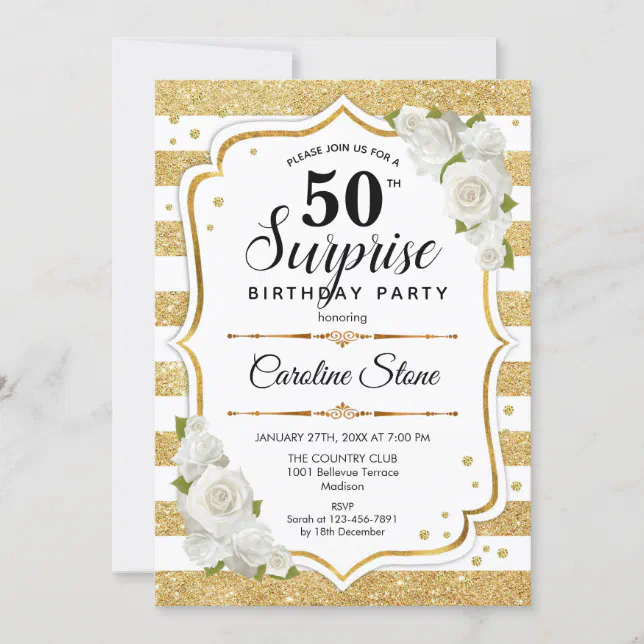 Surprise 50th Birthday - Gold White Invitation | Zazzle