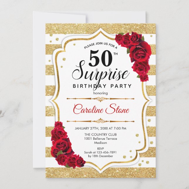 Surprise 50th Birthday - Gold White Red Invitation (Front)