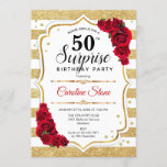 Surprise 50th Birthday - Gold White Red Invitation<br><div class="desc">Surprise 50th Birthday Invitation.
Feminine white,  red design with faux glitter gold. Features white stripes,  red roses,  script font and confetti. Perfect for an elegant birthday party. Can be personalized to show any age. Message me if you need further customization.</div>