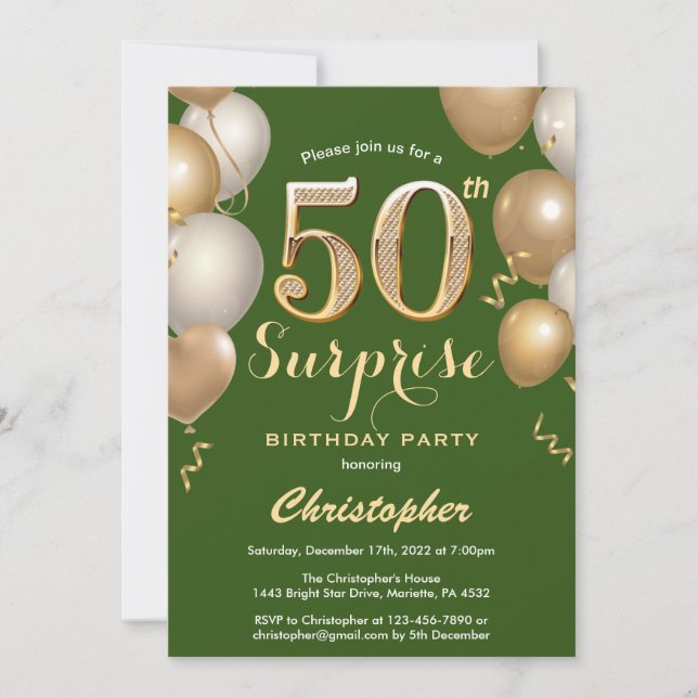 Surprise 50th Birthday Green and Gold Balloons Invitation (Front)