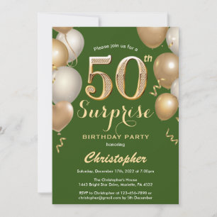 Surprise 50th Birthday Green and Gold Balloons Invitation