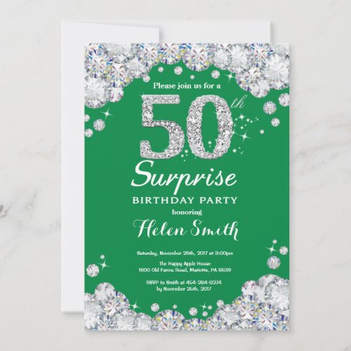 Surprise 50th Birthday Green and Silver Diamond Invitation
