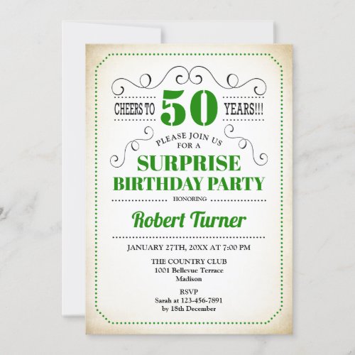 Surprise 50th Birthday _ Green White Black Invitation