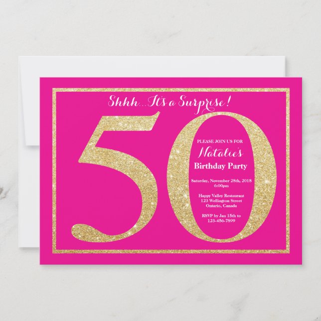 Surprise 50th Birthday Hot Pink and Gold Glitter Invitation (Front)