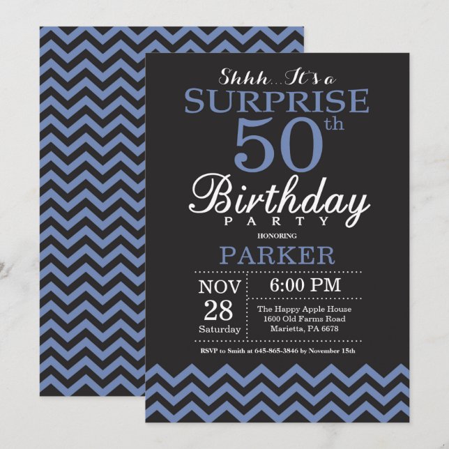 Surprise 50th Birthday Invitation Black and Blue (Front/Back)