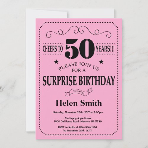 Surprise 50th Birthday Invitation Black and Pink