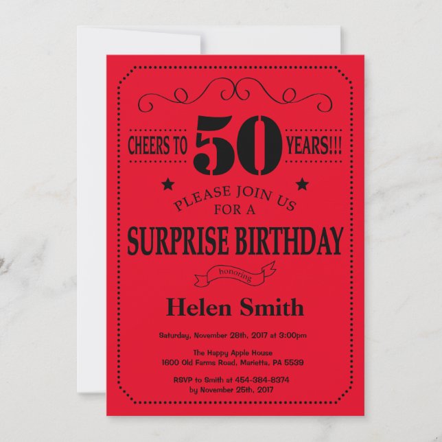 Surprise 50th Birthday Invitation Black and Red (Front)